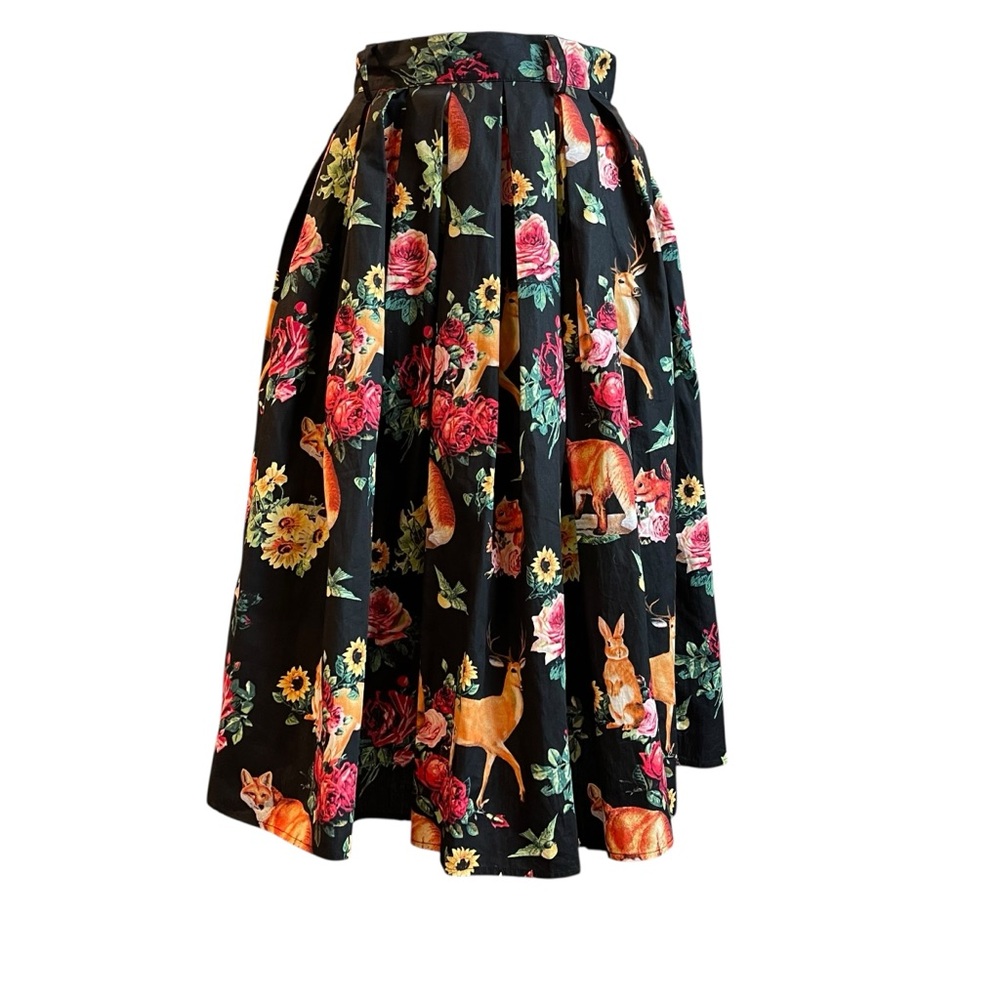 Hell Bunny Black Floral & Woodland Animal Retro Circle Skirt